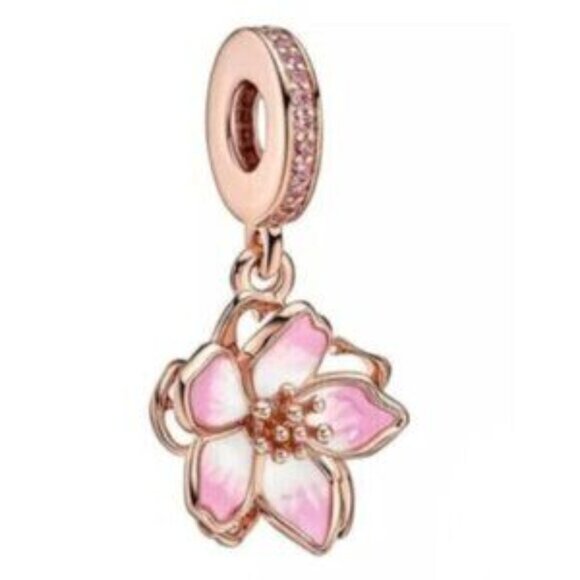 Rose Gold Plated Cherry Blossom Dangle Charm Fits Pandora Charm Bracelets - Picture 1 of 5